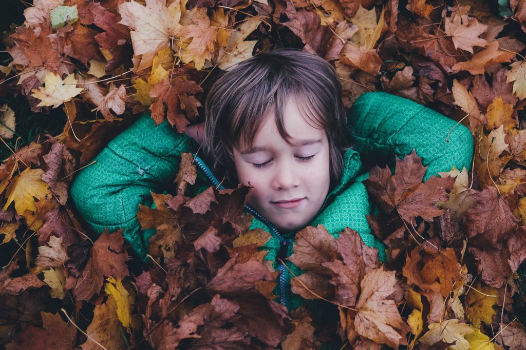 boy lying down covered with leaves